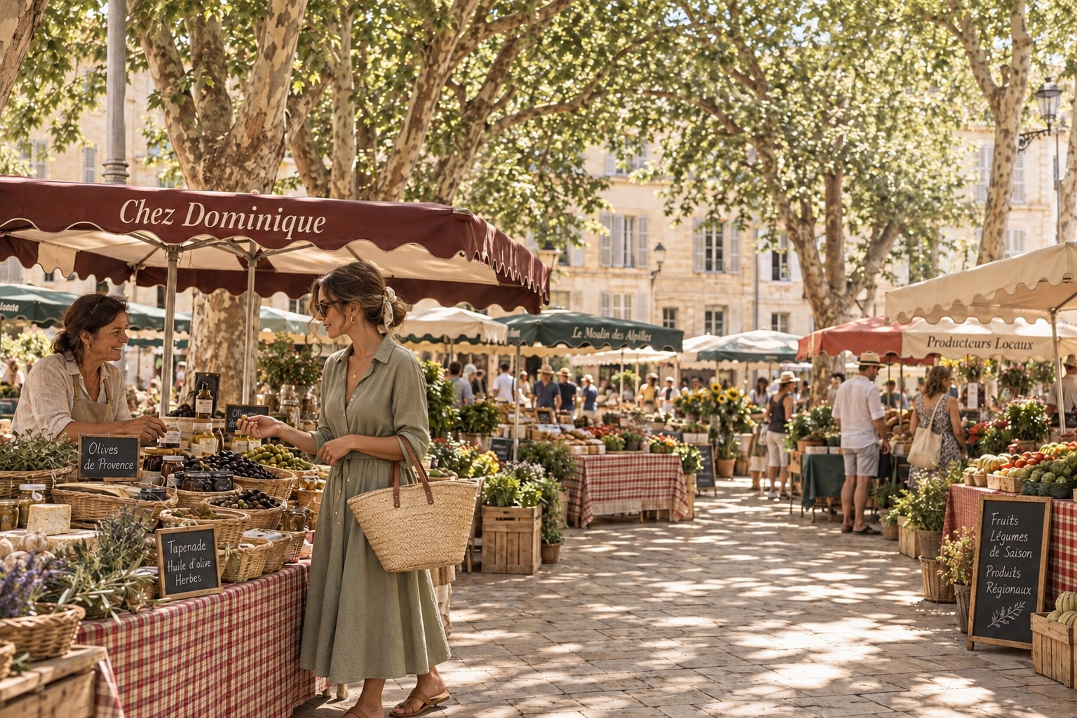 Woman shopping for olives at a bright open-air market in Saint-Rémy-de-Provence.