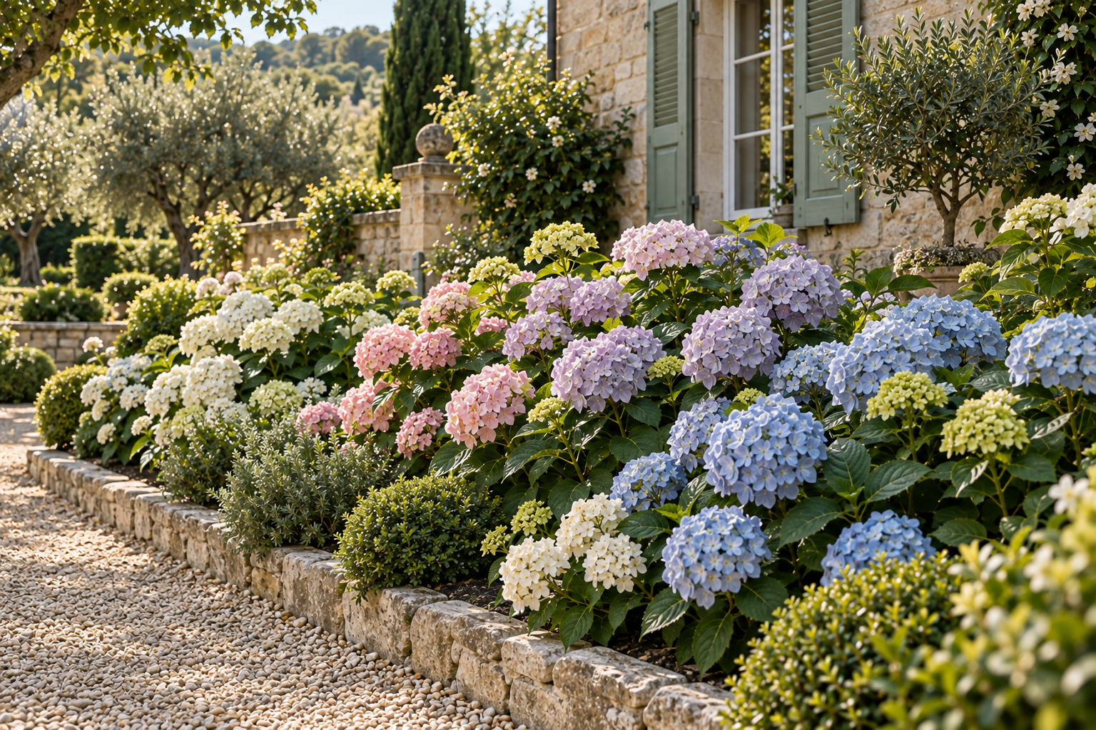 Hydrangea colour palette of white, blush, lavender and blue in a limestone garden