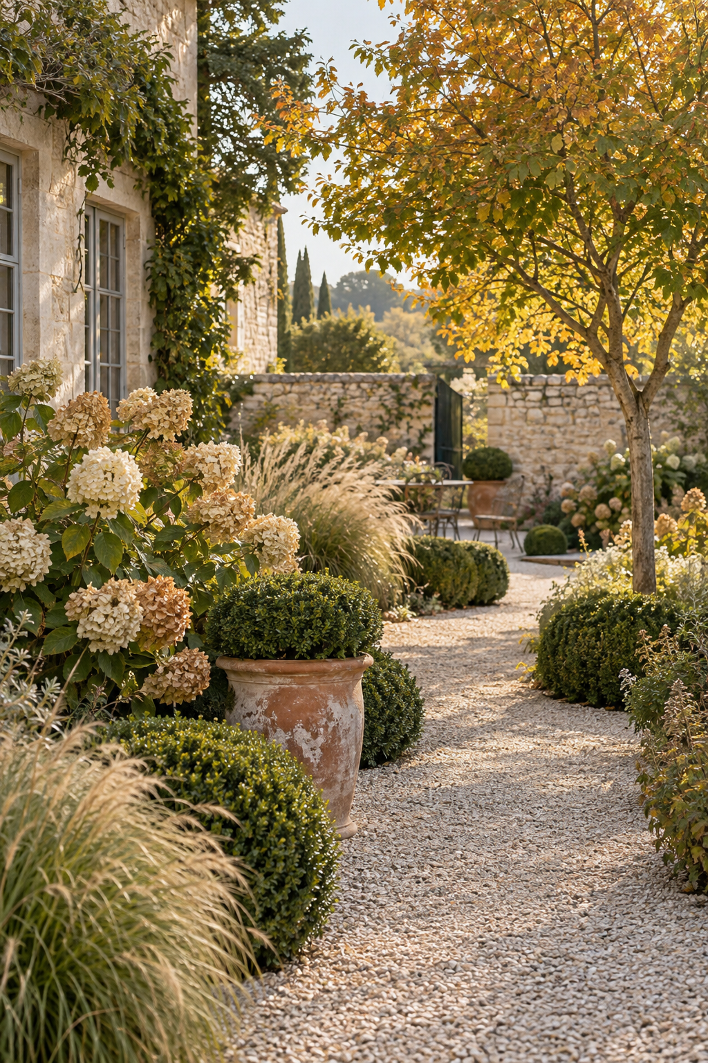 Autumn European garden with fading white hydrangeas, clipped boxwood, ornamental grasses and a gravel path