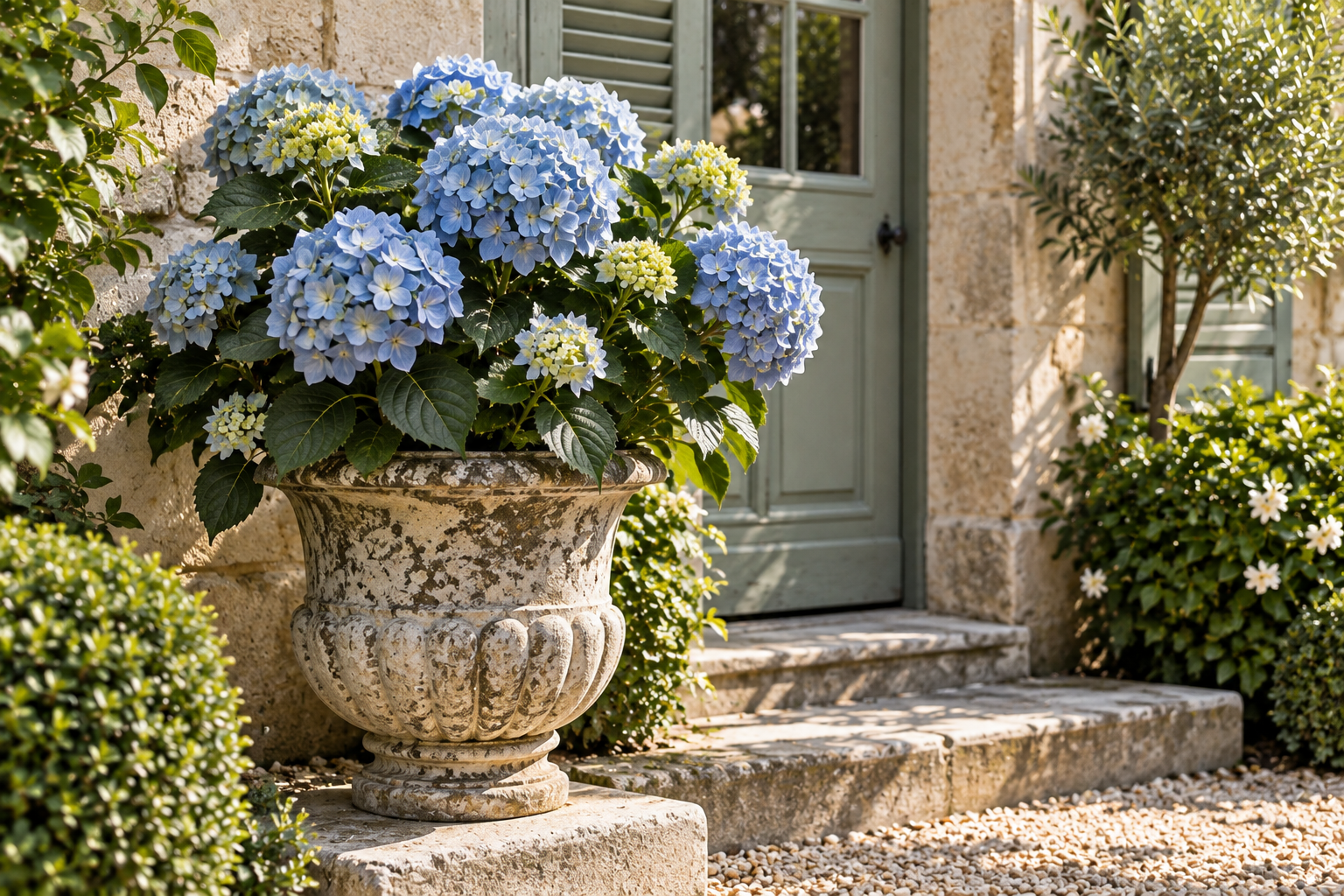 Blue hydrangea planted in a weathered stone container beside a European garden entrance