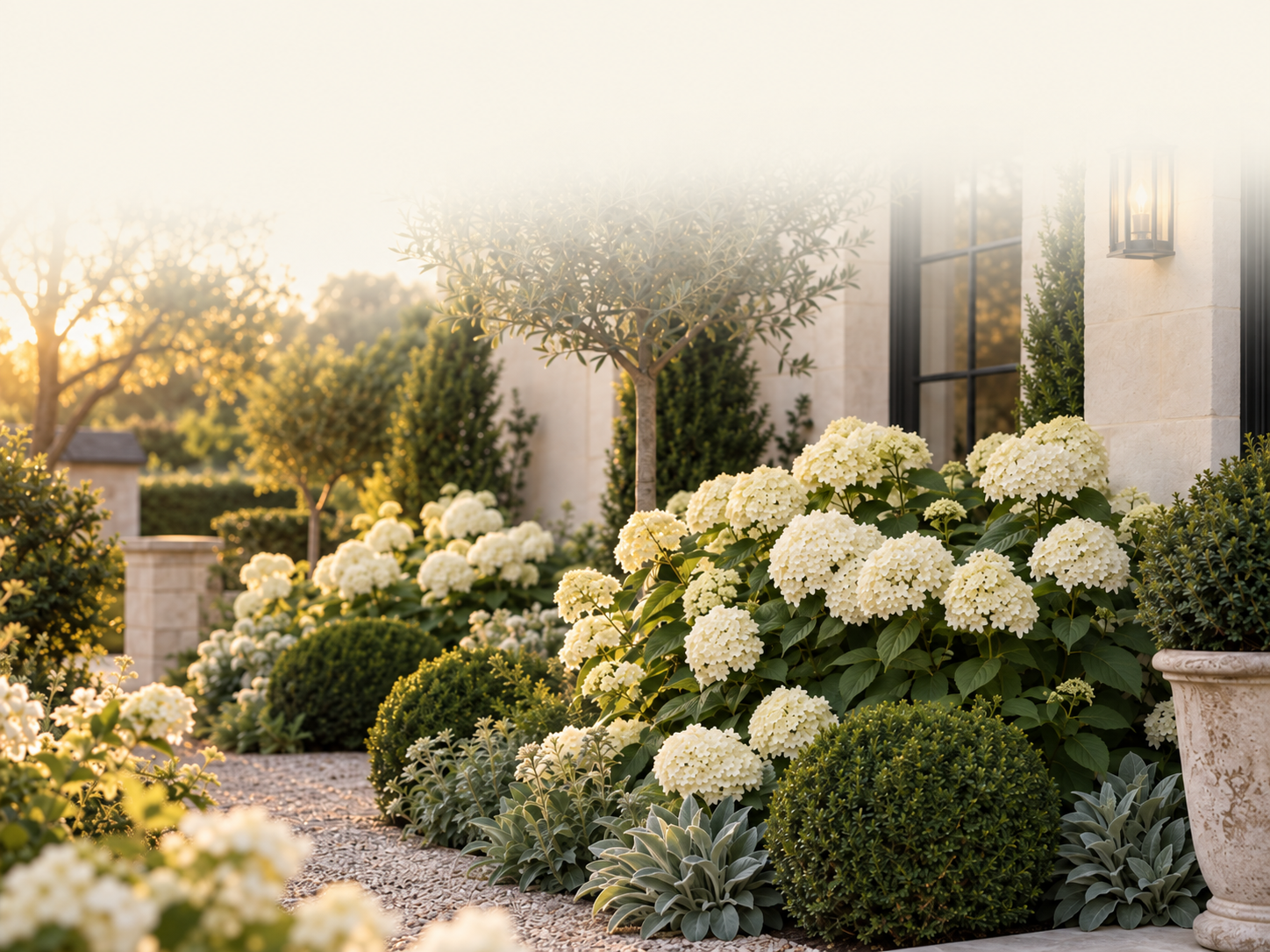 Elegant white hydrangea border with layered planting, clipped evergreens and limestone edging