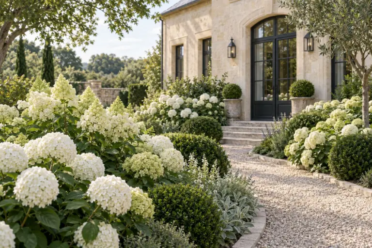 White Annabelle, Incrediball and Limelight hydrangeas surrounding a pale gravel path beside a limestone European home