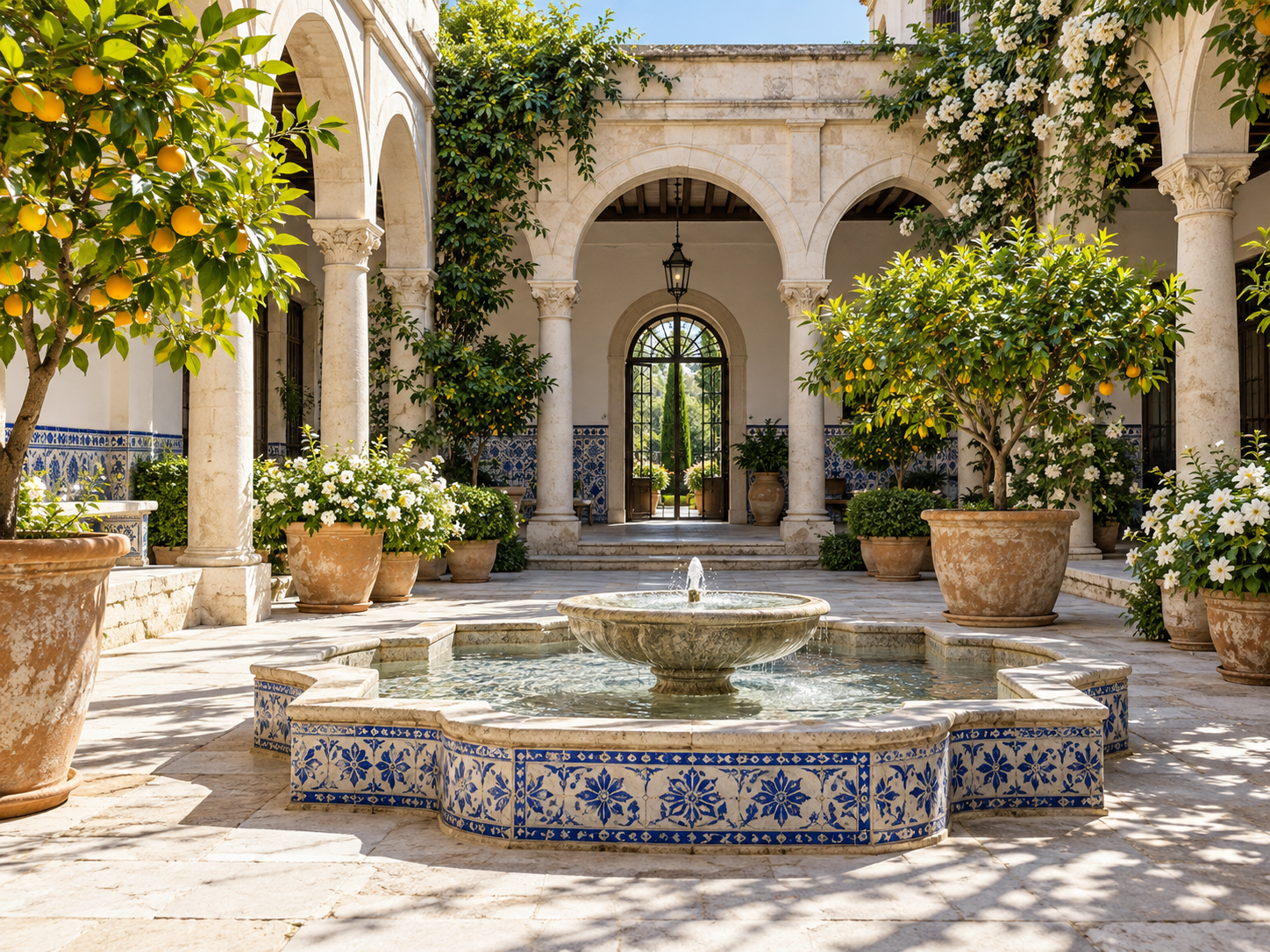 Sunlit Andalusian courtyard with limestone arches, blue-and-white tiled fountain and citrus trees in terracotta pots.
