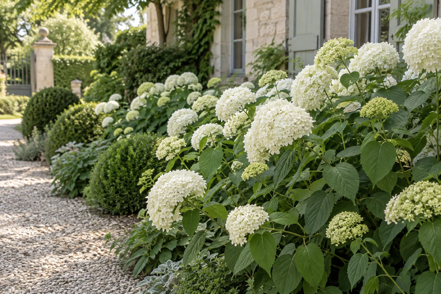 Cream-white Annabelle hydrangeas with naturally arching stems in a relaxed European garden border
