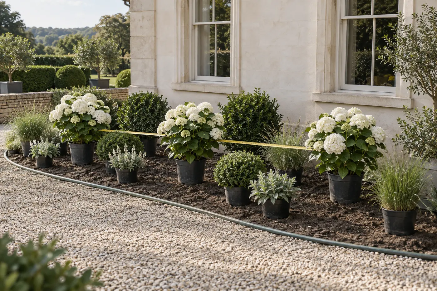 White hydrangeas, clipped evergreens and perennials arranged in nursery pots and measured before planting