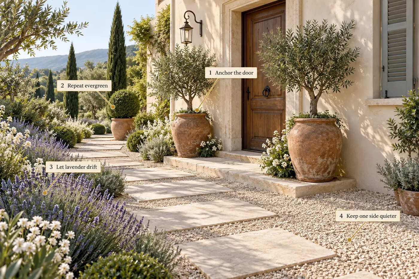 Explanatory Mediterranean entrance showing a paired doorway anchor, repeated evergreen forms, naturally drifting lavender and a quieter side for asymmetrical architecture