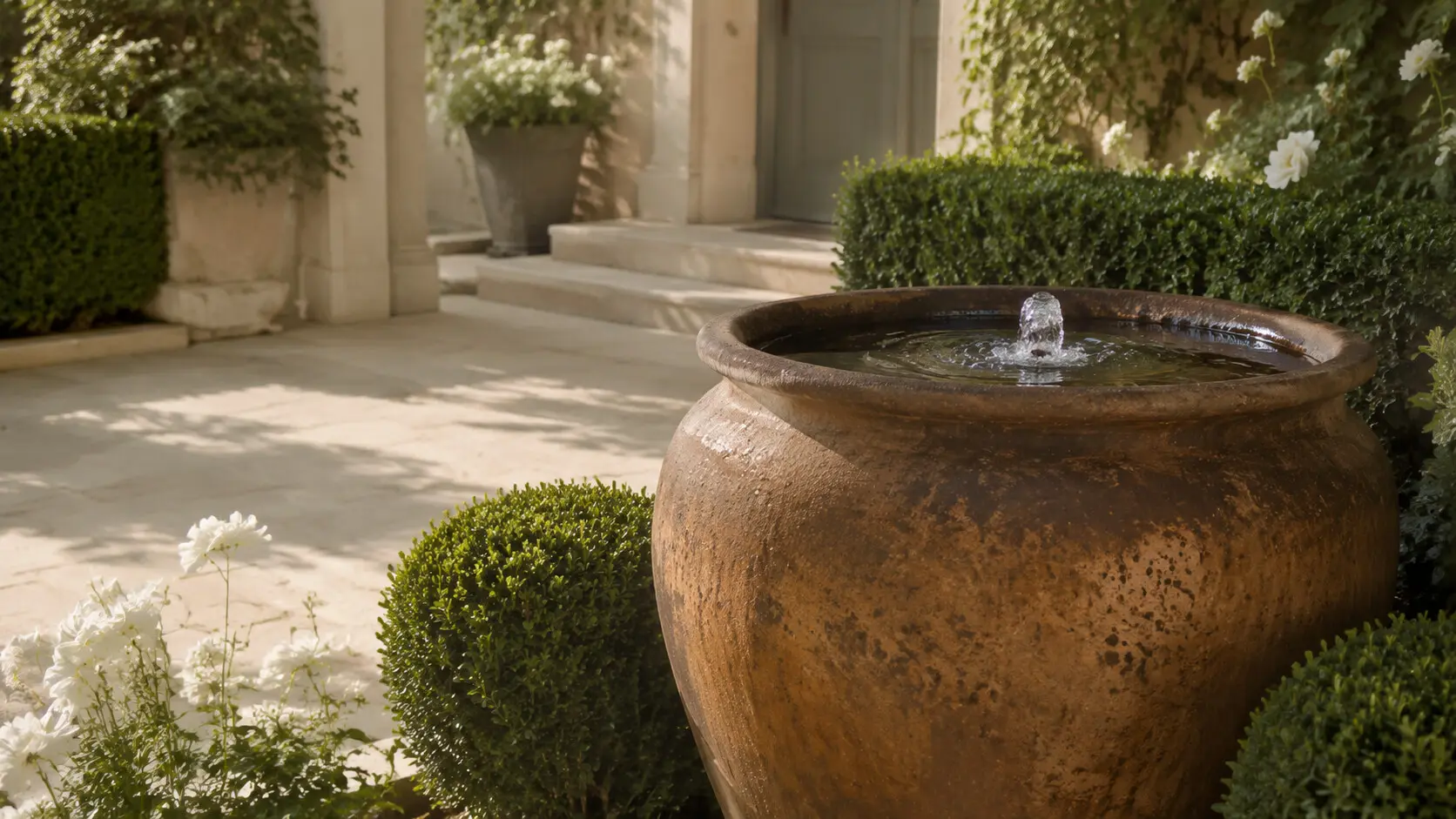 Warm weathered bubbling urn near a limestone garden entrance