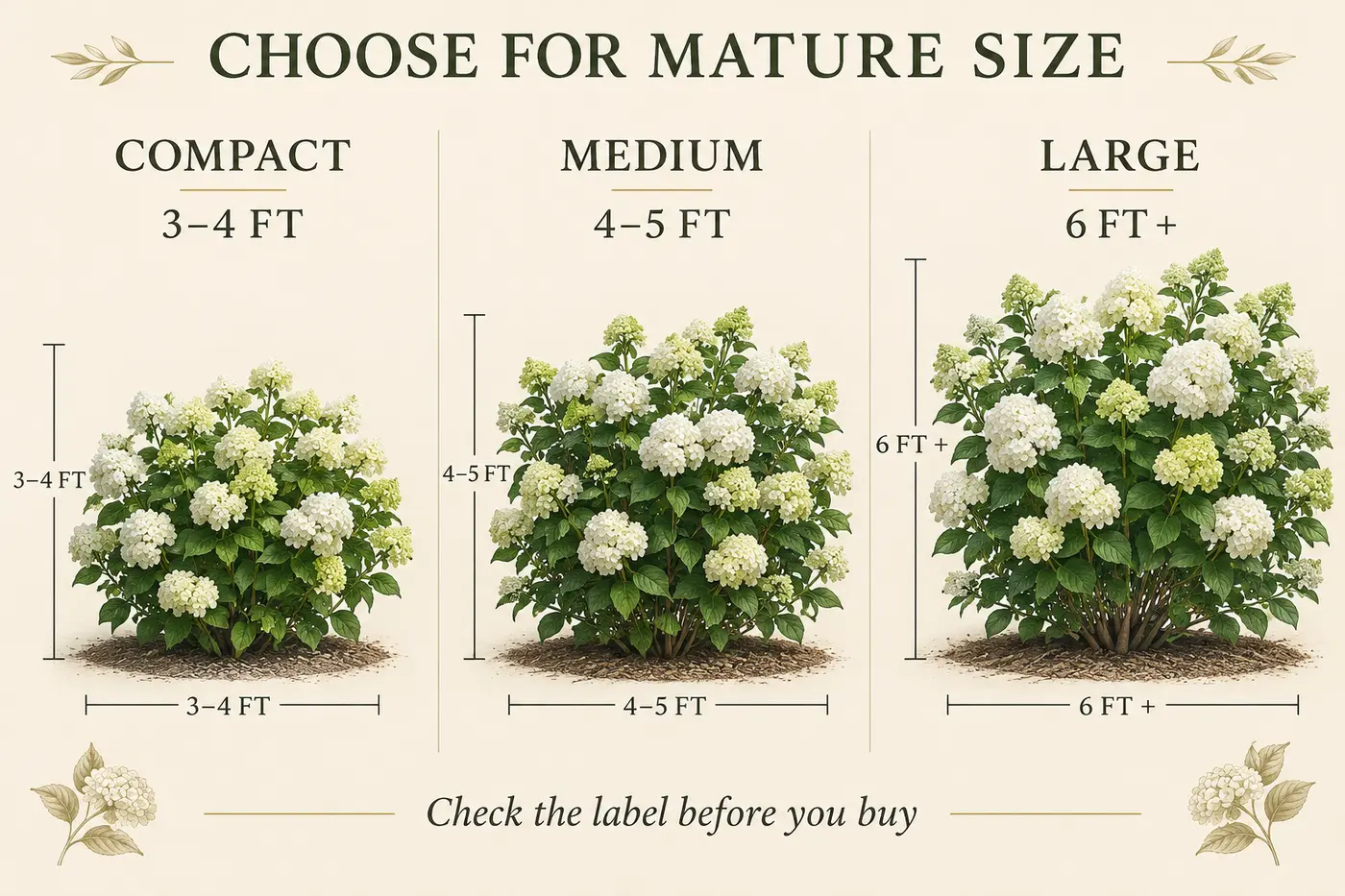 Comparison of compact, medium and large white hydrangeas at mature size