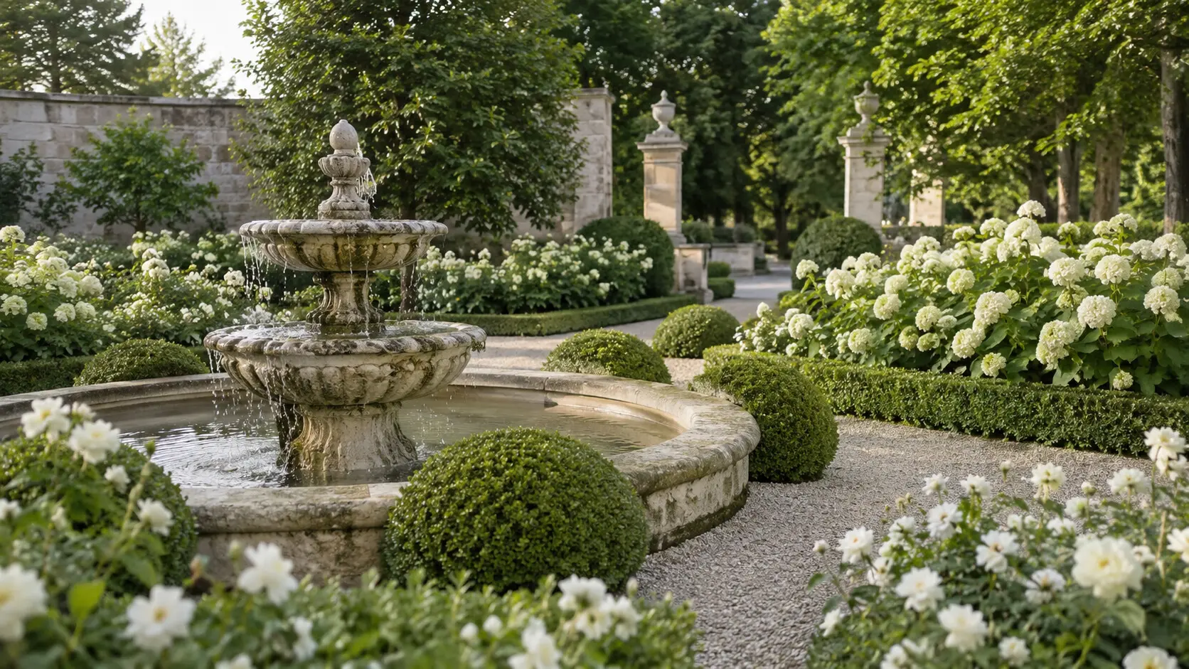 Classic tiered stone fountain in a formal European garden