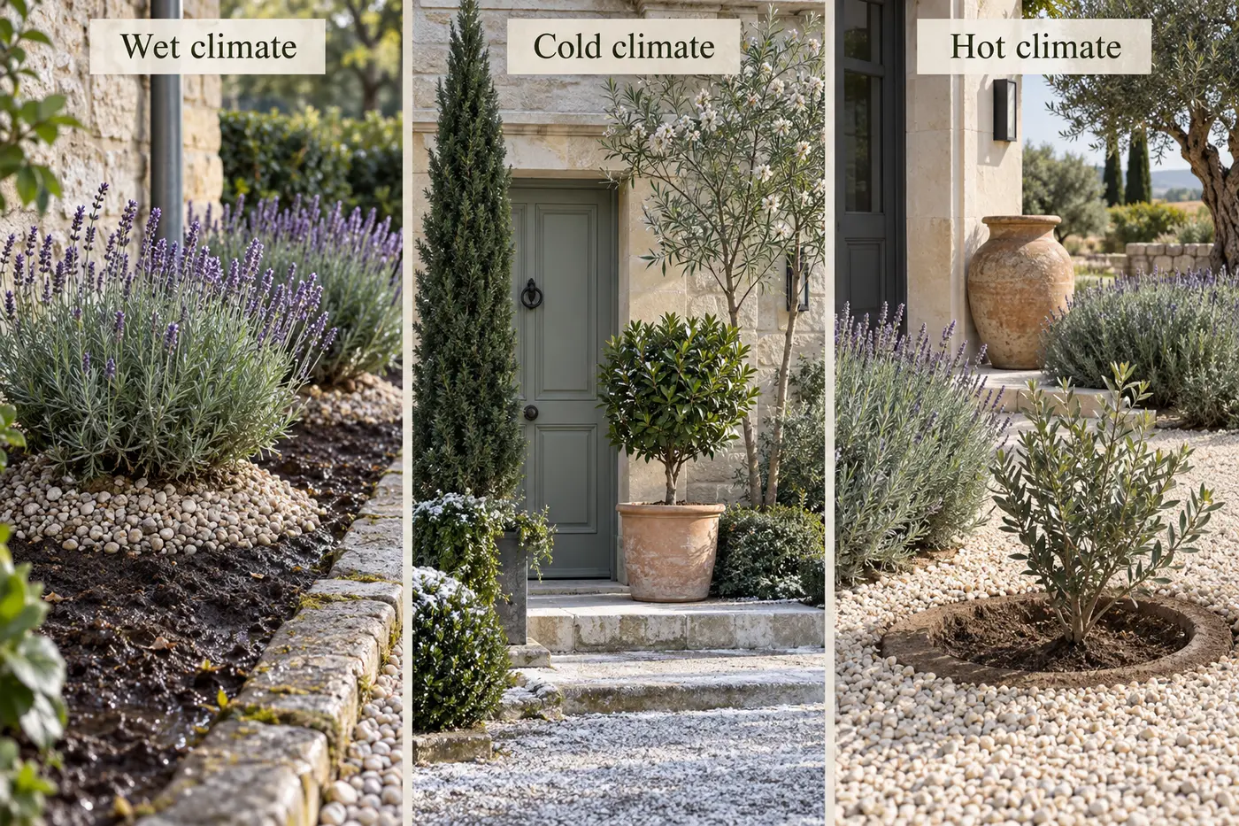 Three Mediterranean-inspired entrance adaptations for wet, cold and hot climates
