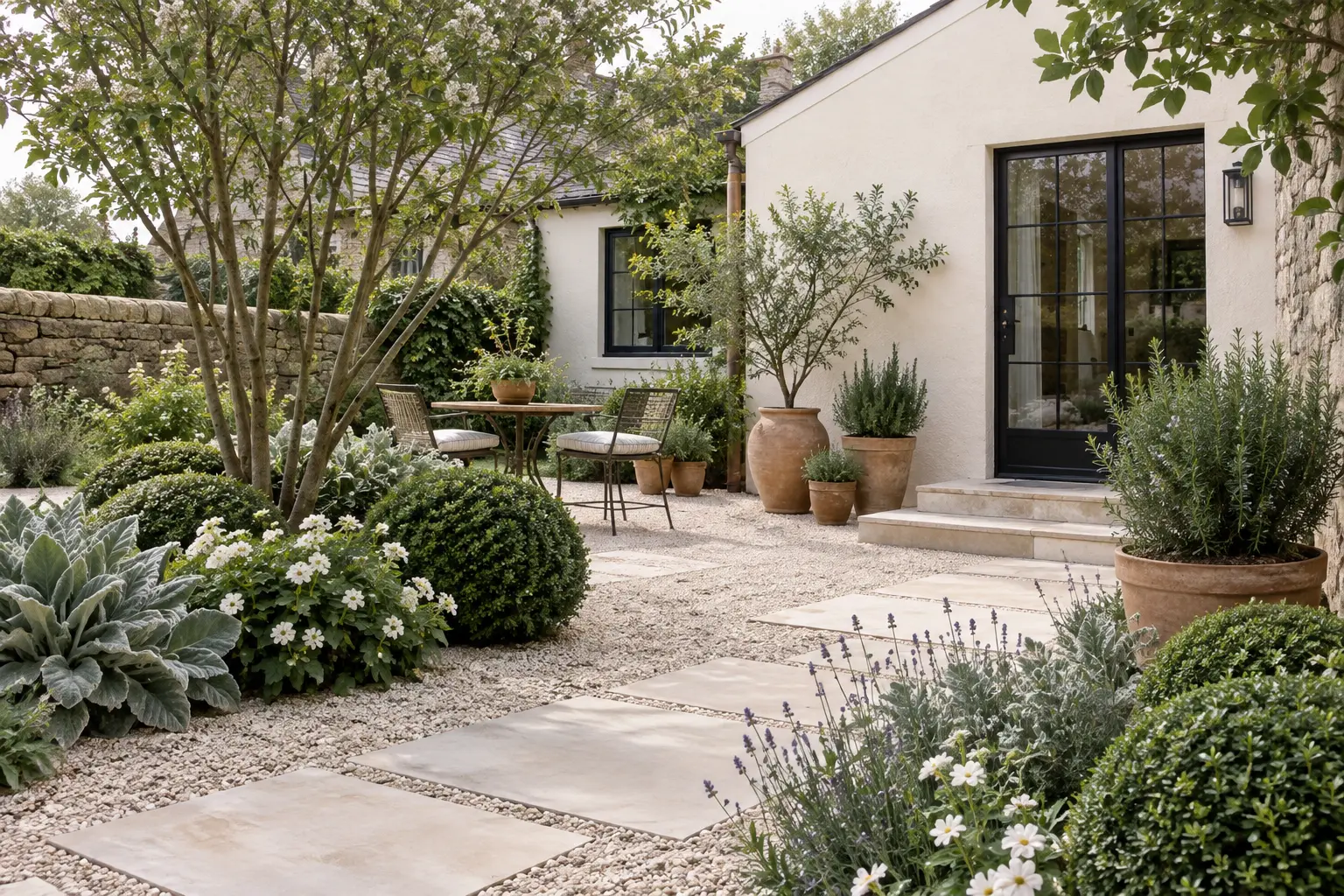 Cool-climate interpretation of a Mediterranean garden with cream walls, gravel, terracotta, hardy shrubs and silvery foliage