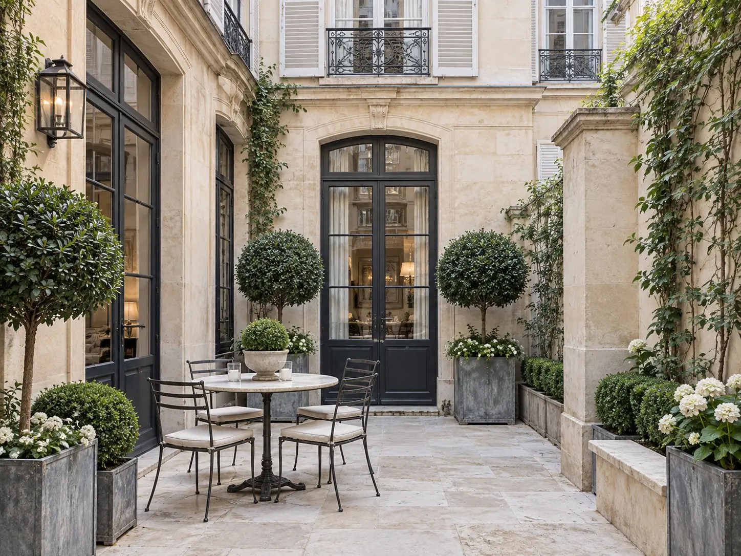 Parisian townhouse courtyard with limestone façade, black framed doors, zinc planters and clipped evergreens.