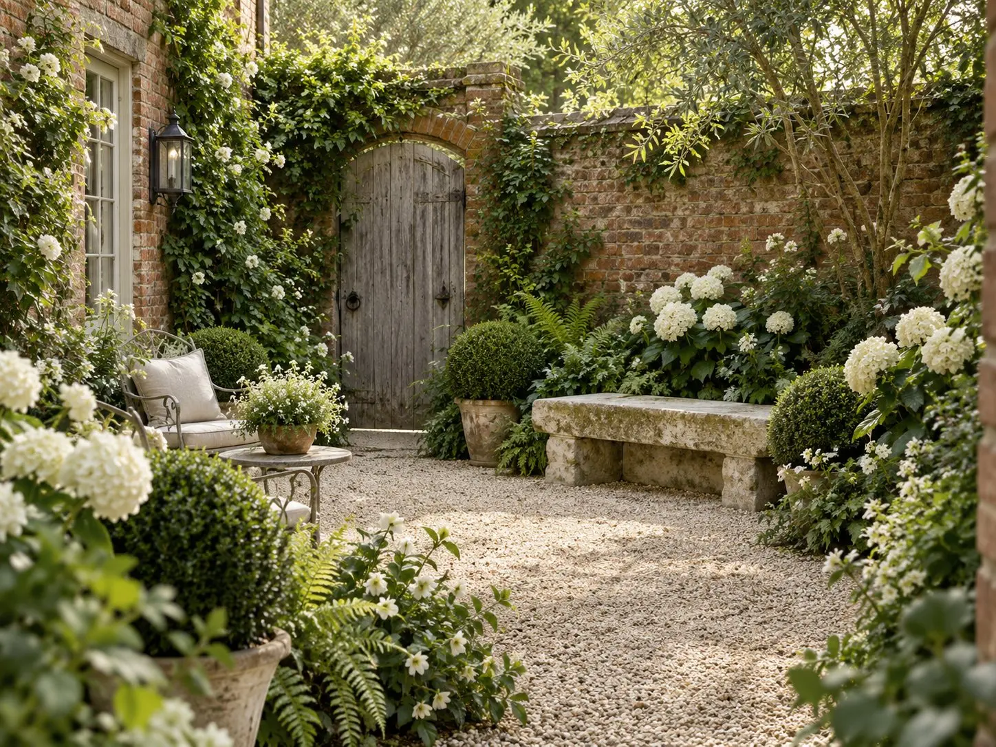 Walled English courtyard with weathered brick, pale gravel, clipped greenery and white flowers.