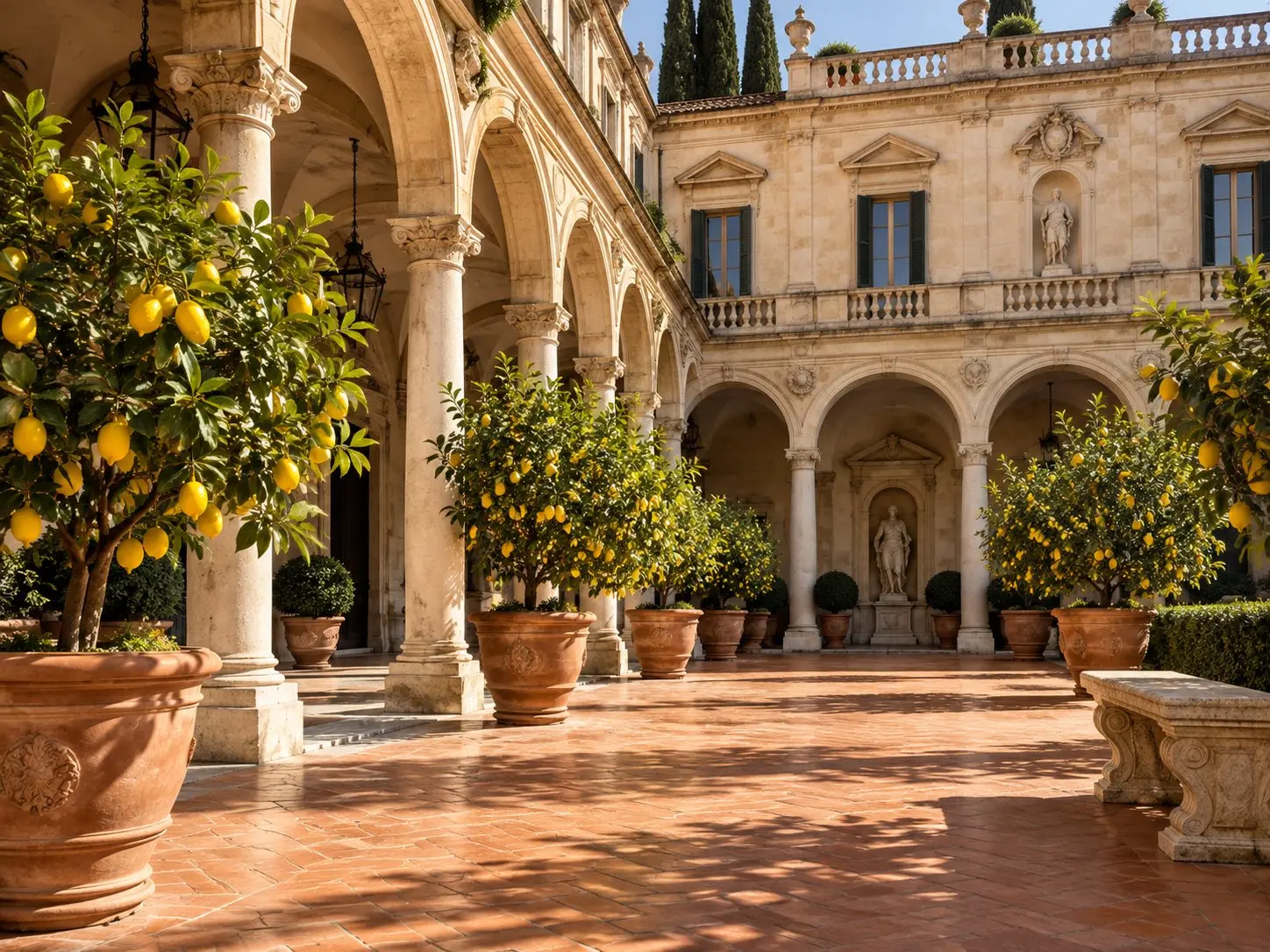 Italian palazzo courtyard with stone arches, lemon trees in terracotta pots and warm paving.
