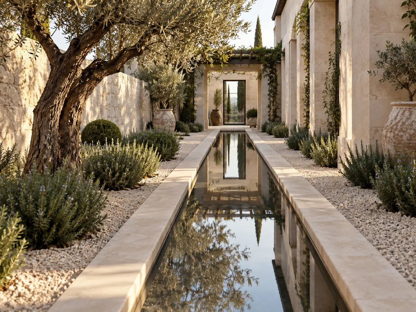 Mediterranean water courtyard with a narrow limestone rill, olive trees, lavender and gravel.