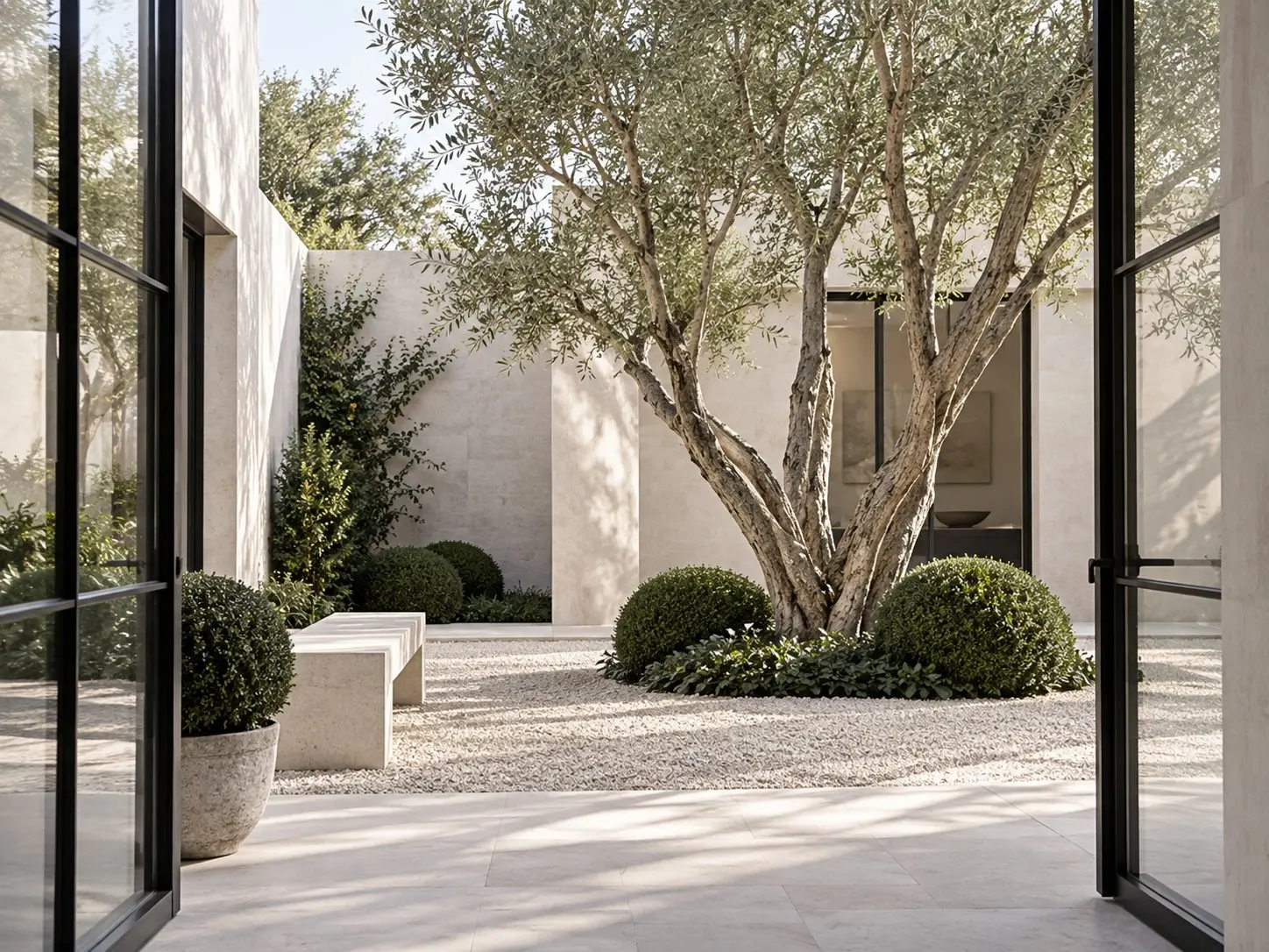 Cool ivory limestone courtyard with charcoal framed doors, clipped boxwood and a sculptural multi stem tree.