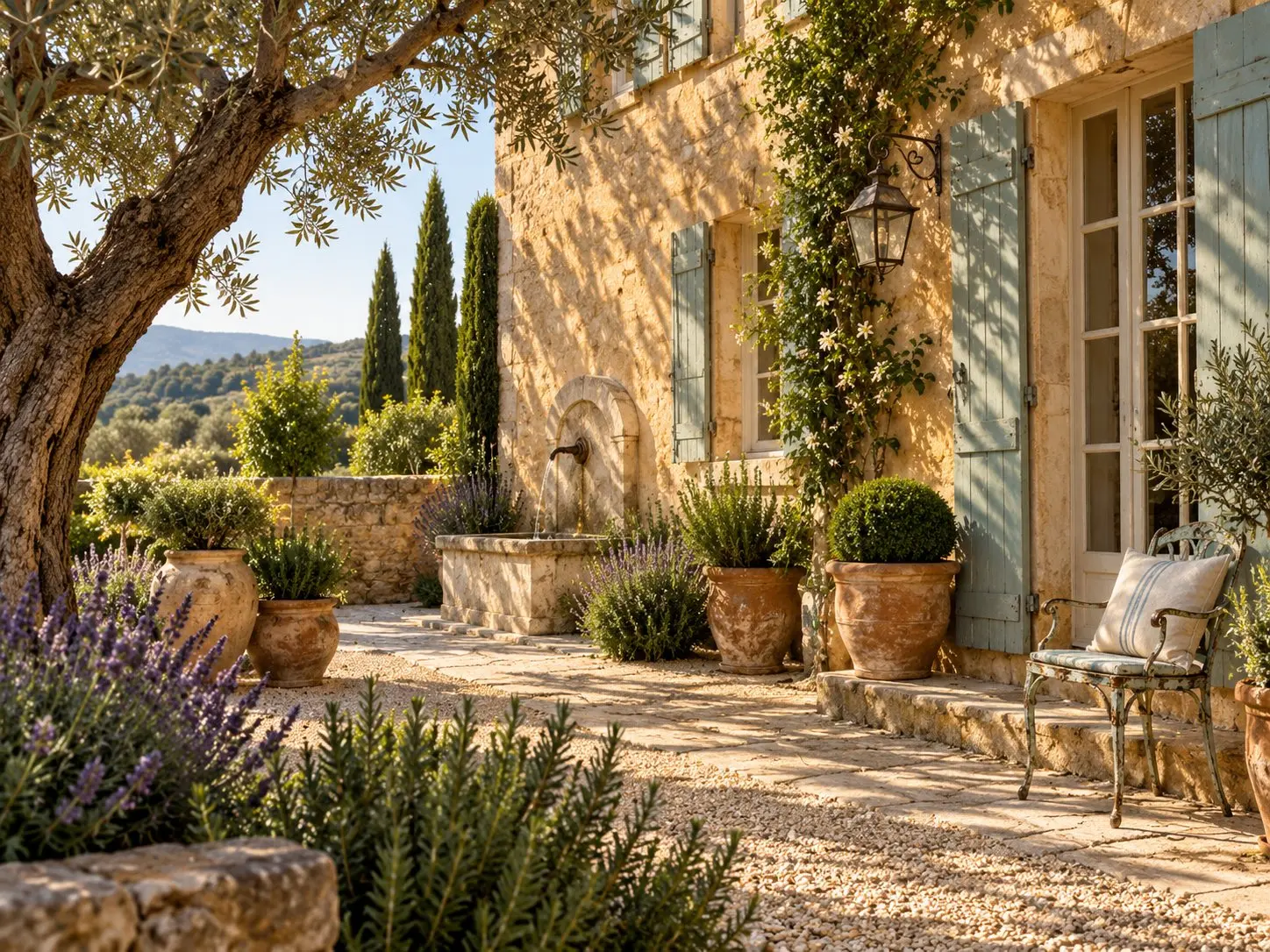 Provençal courtyard with sage shutters, honey coloured stone, olive tree, lavender and weathered terracotta.