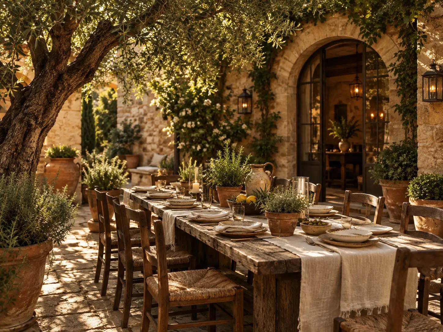 Tuscan dining courtyard with a weathered wooden table, linen runner, olive tree and warm honey stone.