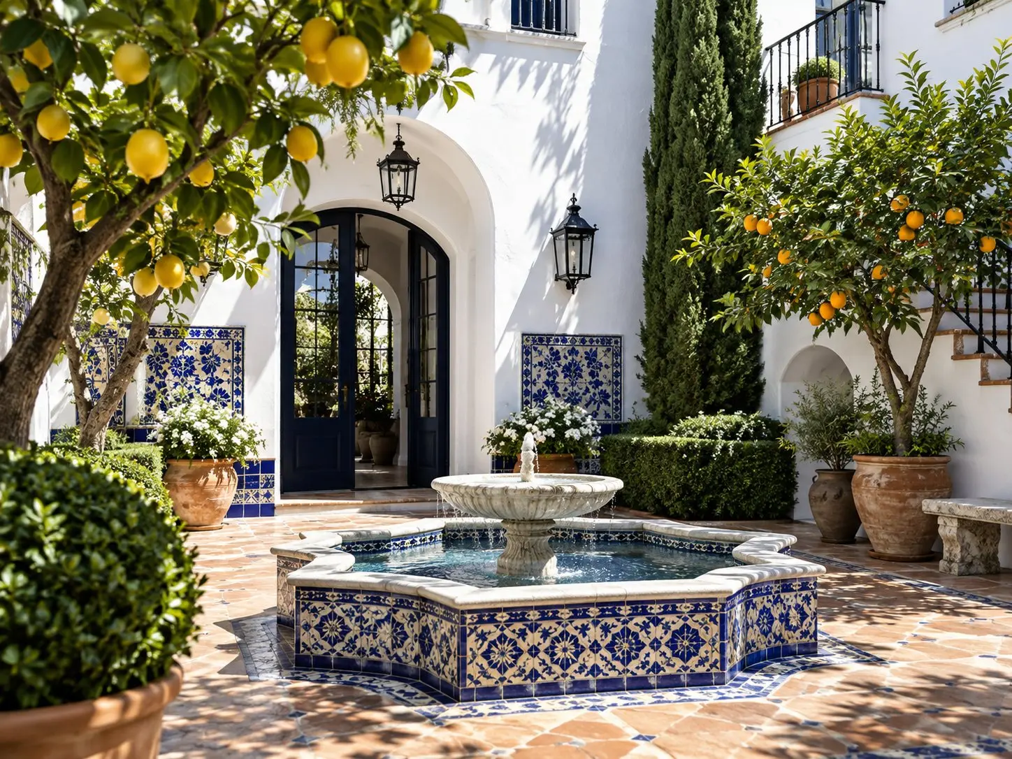 Andalusian courtyard with cobalt and cream tiled fountain, white walls, citrus trees and black iron details.
