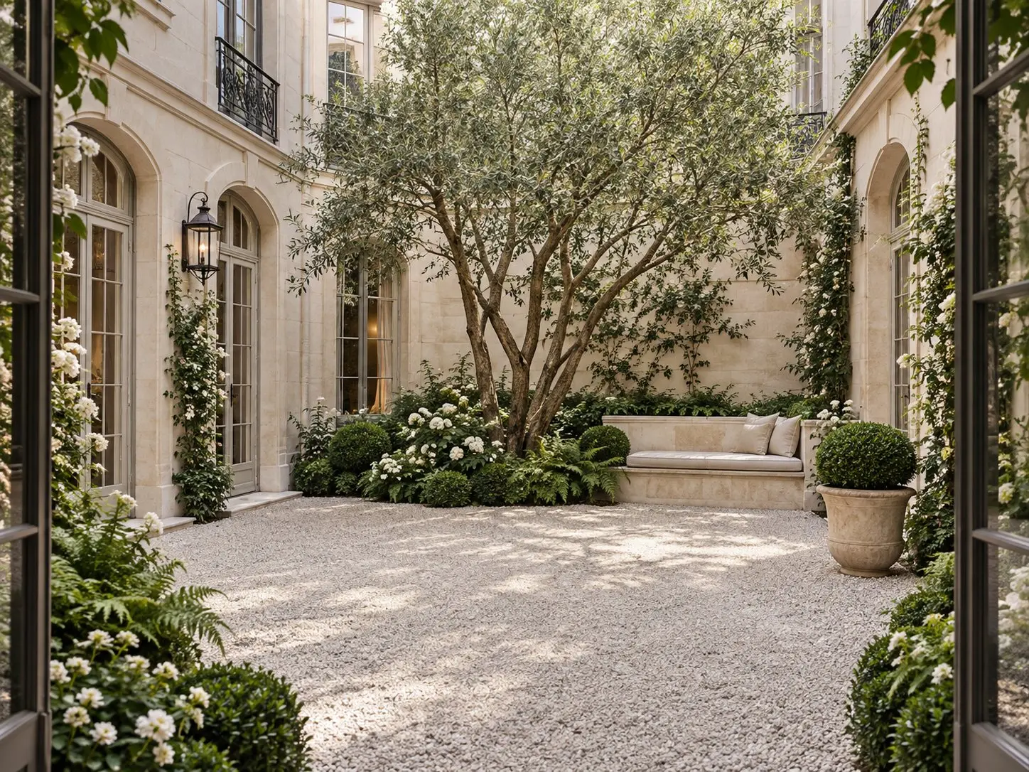 Compact European city courtyard with pale gravel, a multi stem tree, clipped evergreens and limestone seating.