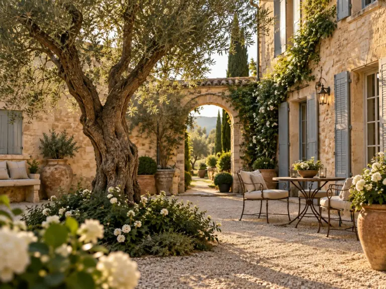 Romantic Provençal courtyard with aged limestone walls, a mature olive tree, pale gravel and French country garden seating.