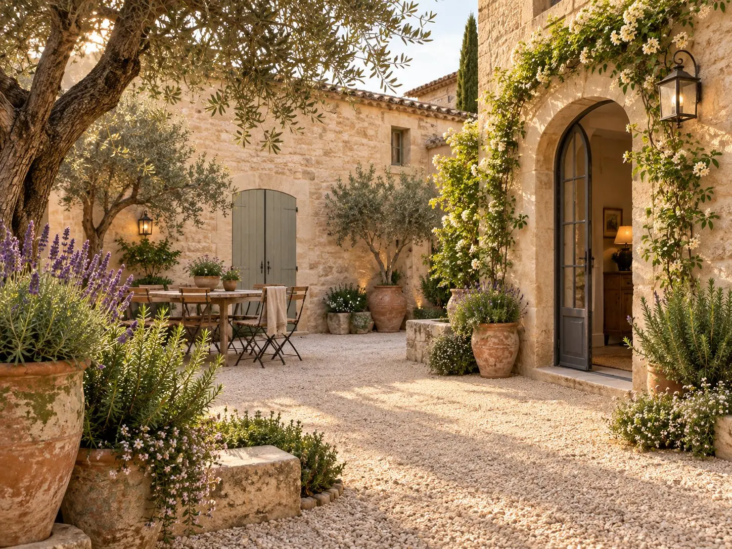 Mediterranean courtyard with rosemary, lavender and thyme beside limestone walls and gravel paving.