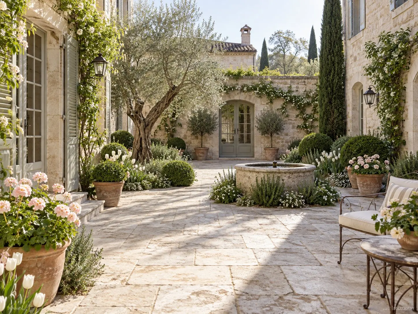 Spring limestone courtyard with white tulips and pale pelargoniums in terracotta planters.