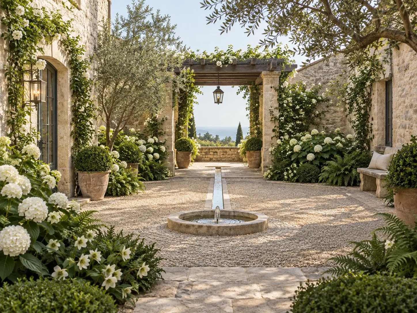 Softly planted courtyard with white hydrangeas, hellebores and ferns around a small stone fountain.