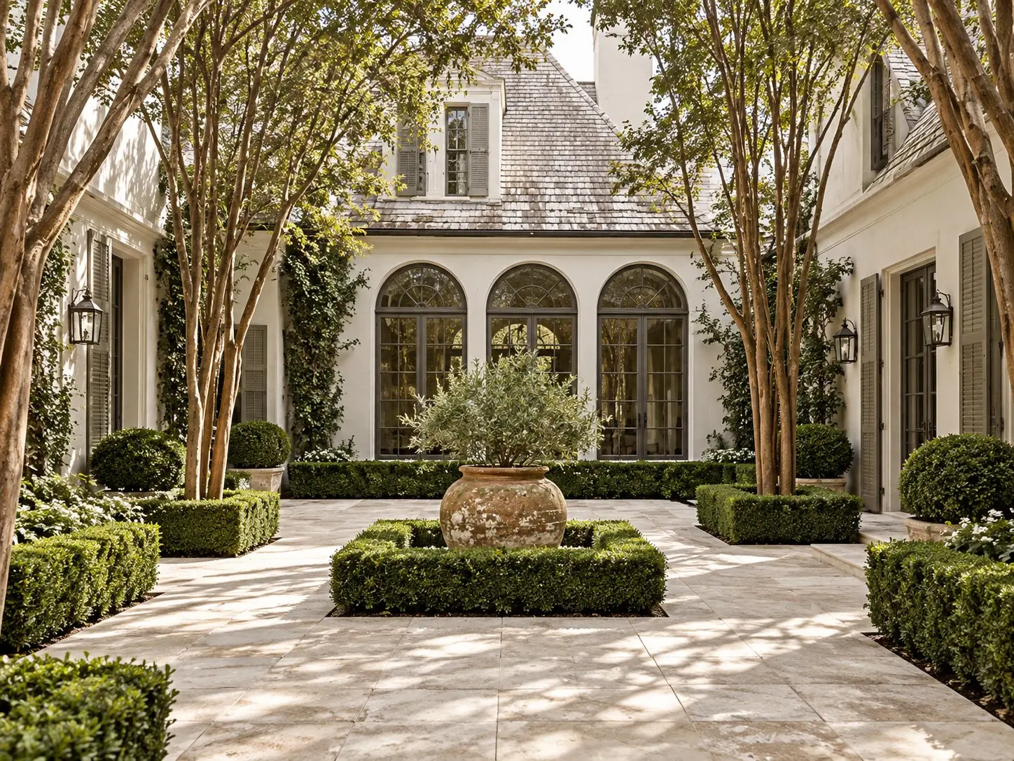 Structured European courtyard with clipped boxwood borders, stone paving and an olive tree in aged terracotta.