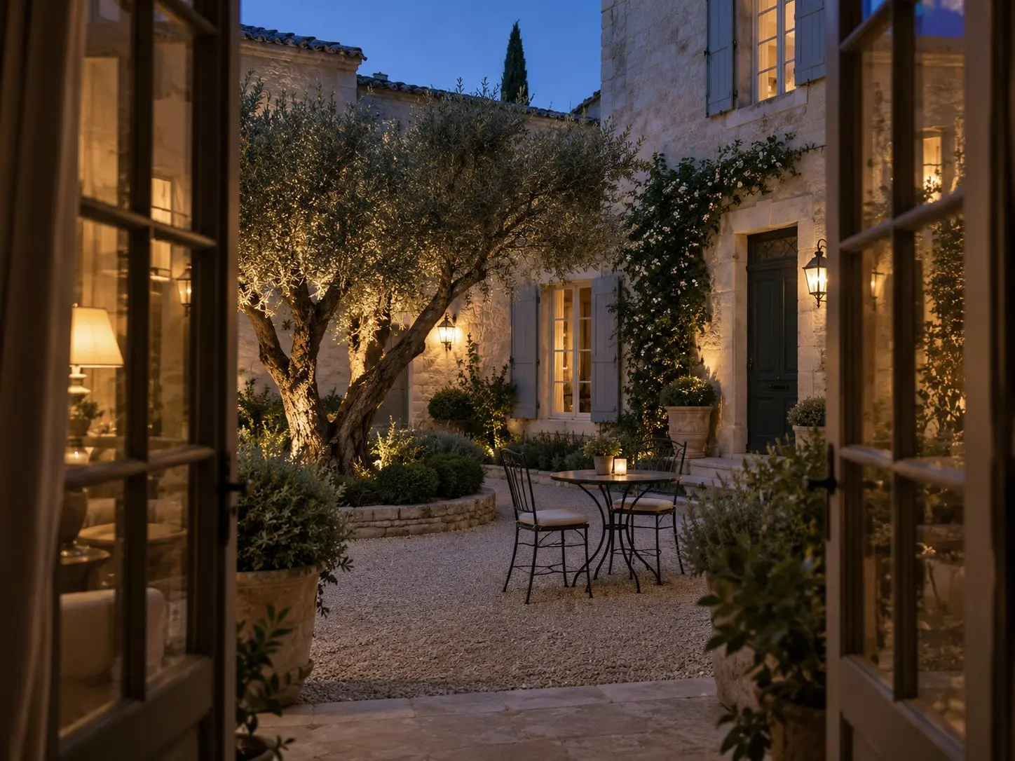European stone courtyard at blue hour with warm lantern light, an olive tree and intimate garden seating.