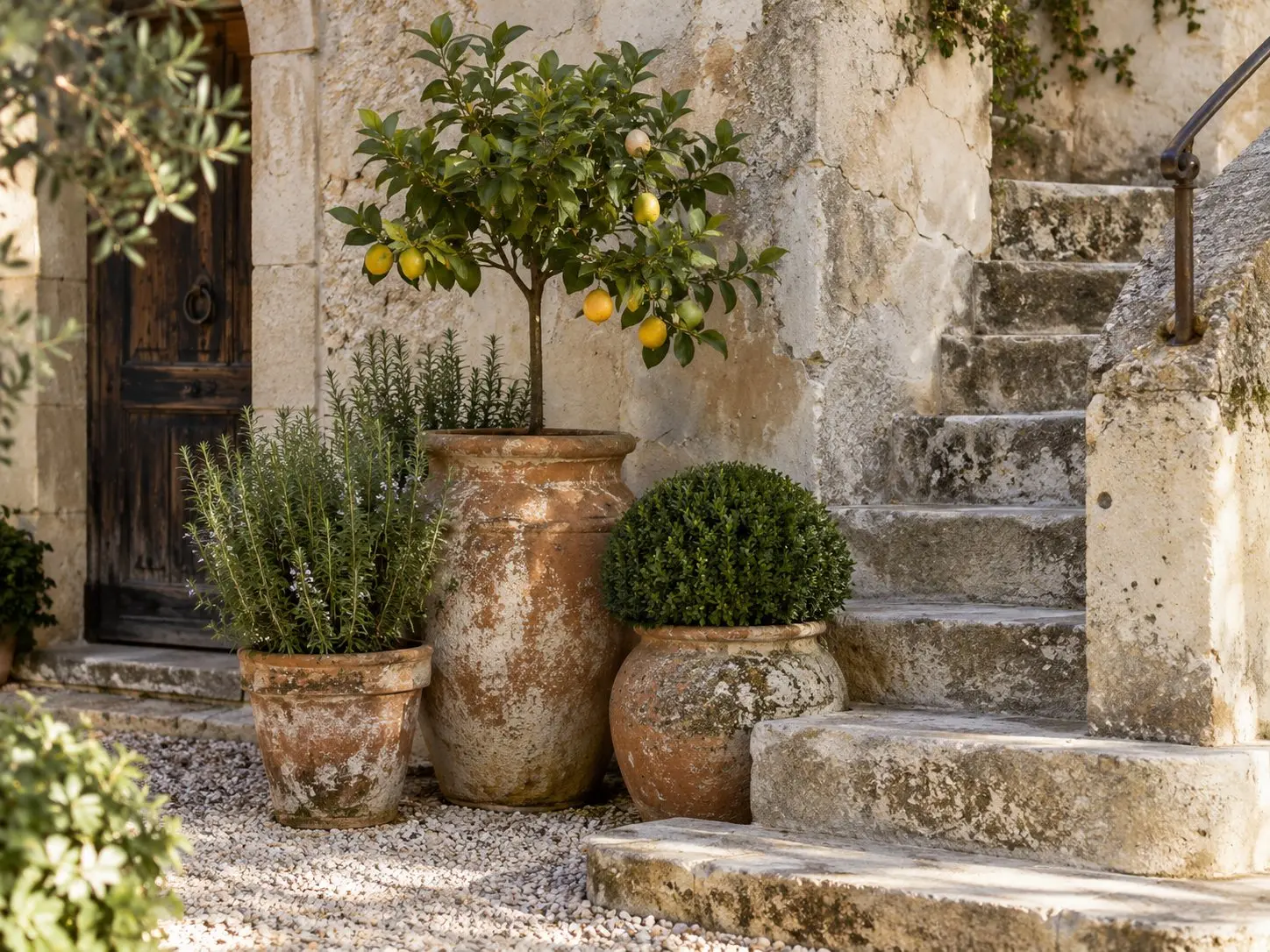 Collected corner of aged terracotta pots beside weathered limestone steps and limewashed courtyard walls.