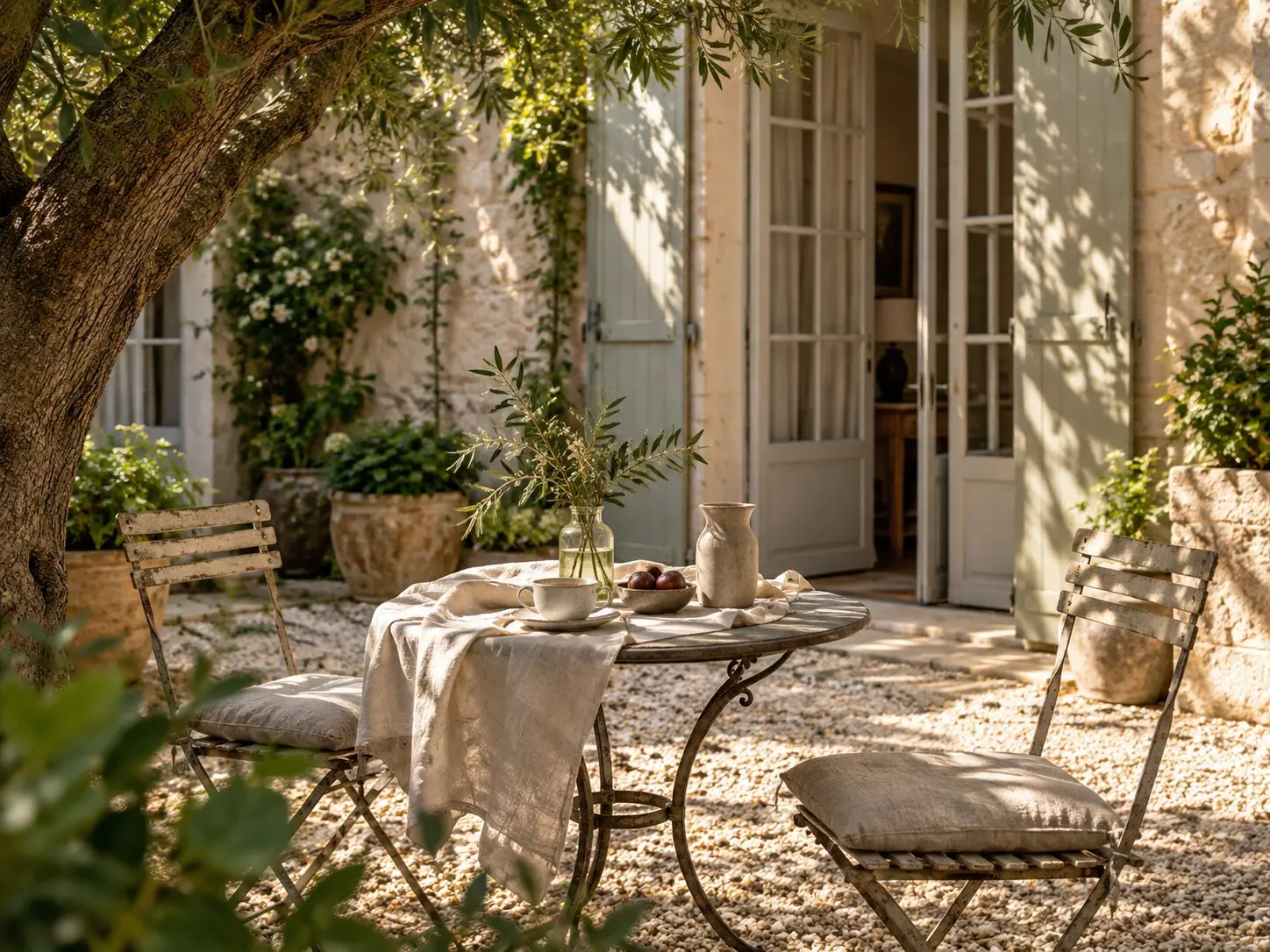 Intimate courtyard breakfast table with linen, coffee and wrought iron chairs on pale gravel in soft morning light.