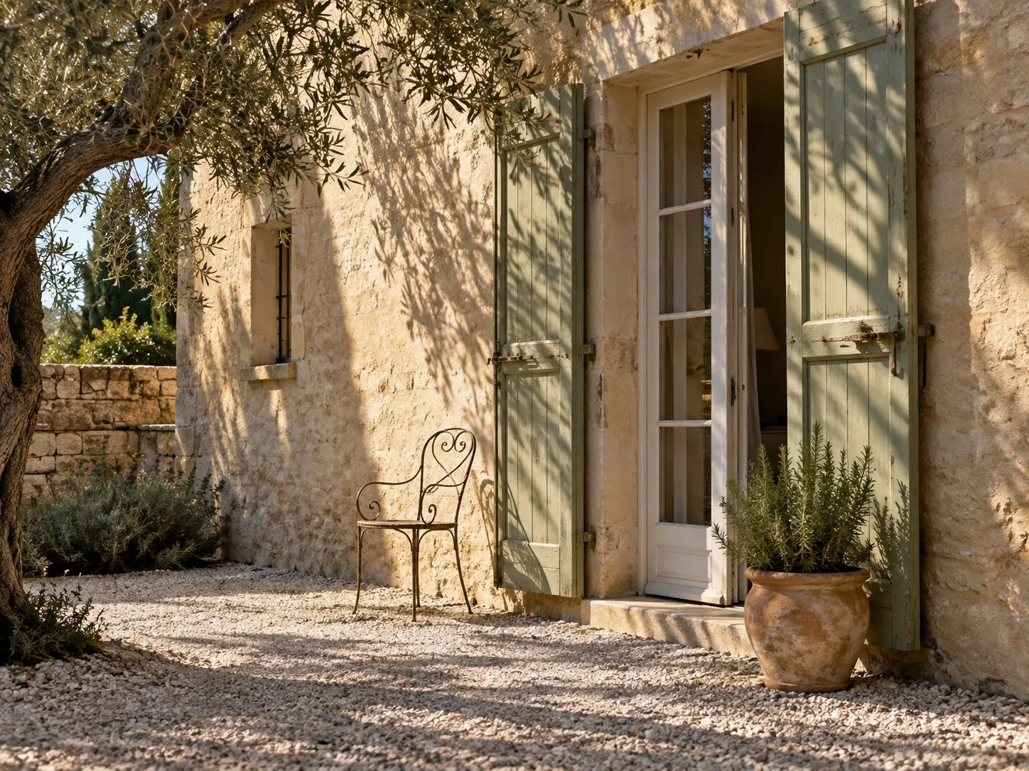 Open sage shutters on a limestone Provençal house with late afternoon olive tree shadows.