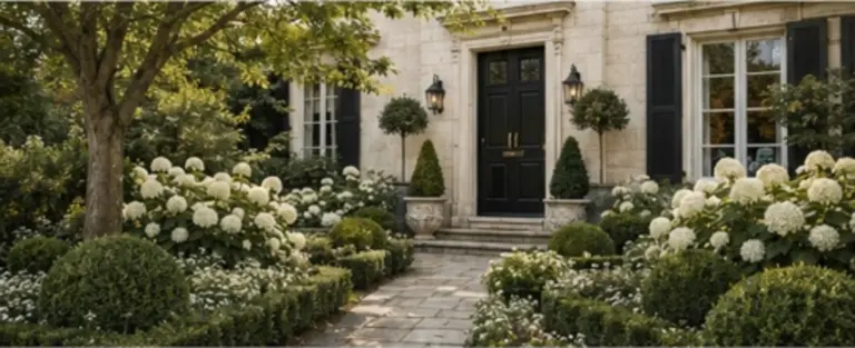 Gracious limestone European house with a mature formal garden