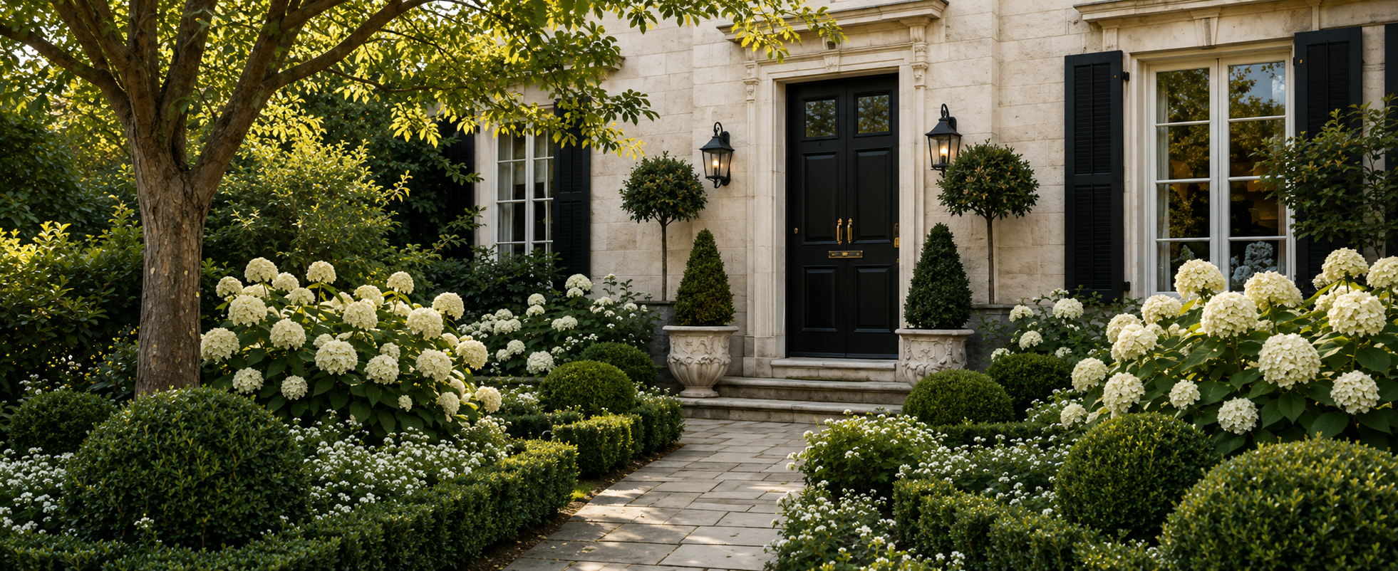 Elegant European front garden with white hydrangeas, clipped boxwood and a limestone walkway leading to a black front door