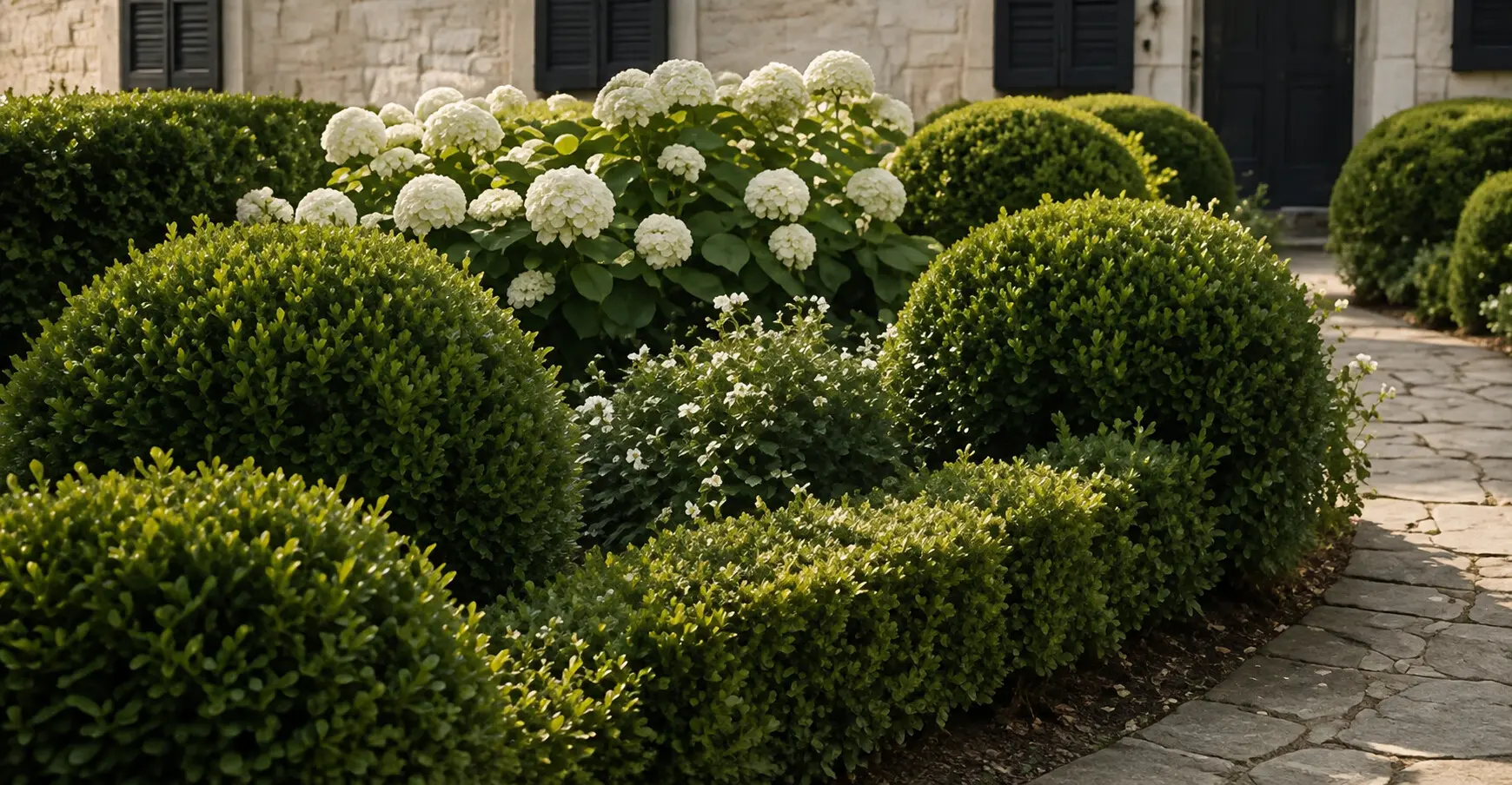 Boxwood framework surrounding a white hydrangea border