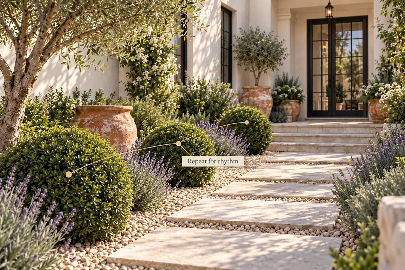 Explanatory view of clipped evergreen forms repeated for rhythm along a Mediterranean entrance