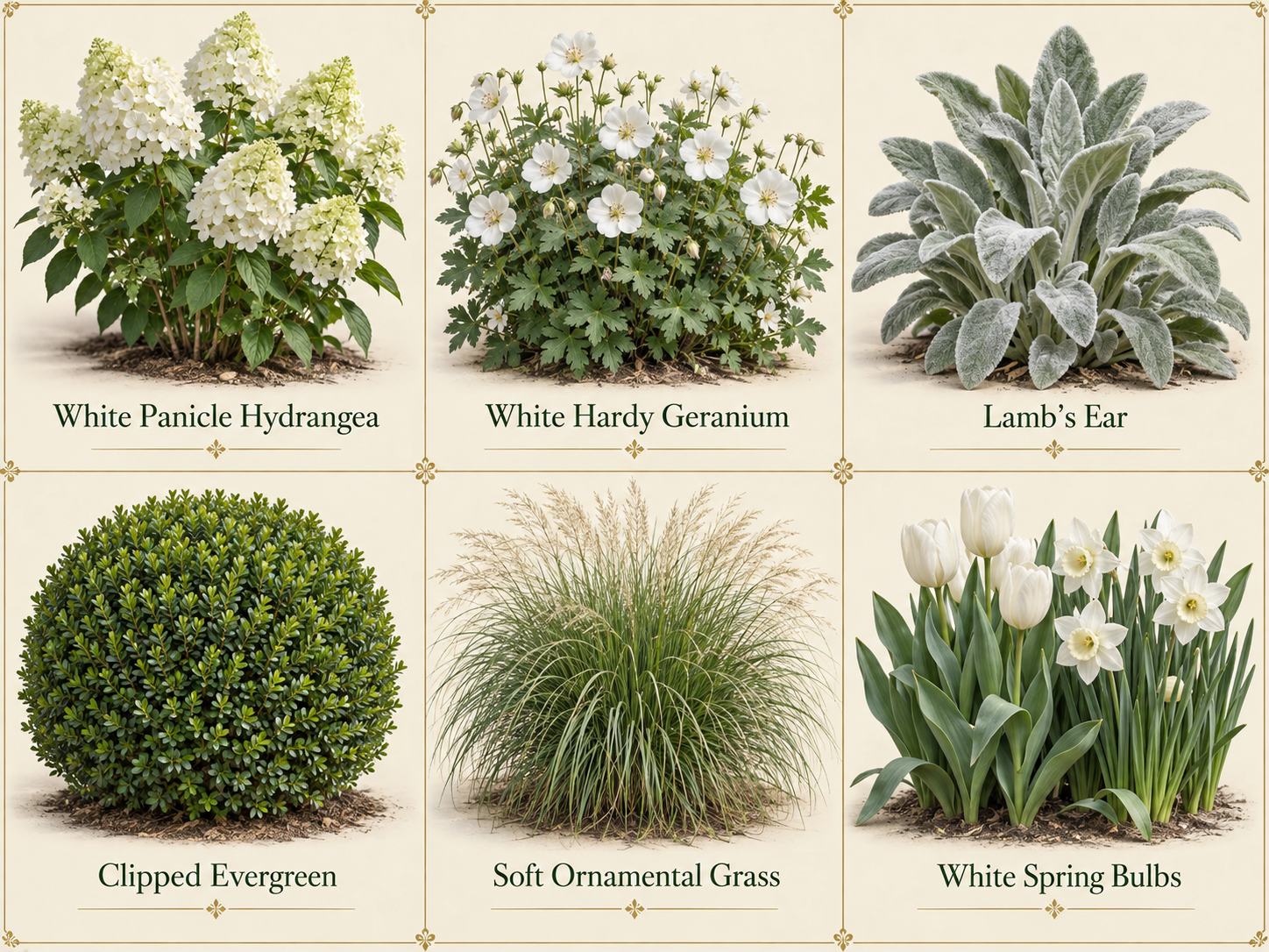 Botanical white front garden planting palette