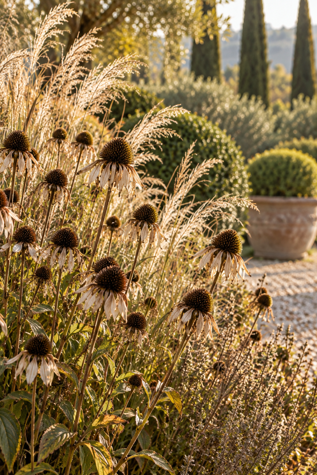 Parchment hydrangea blooms and echinacea seed heads