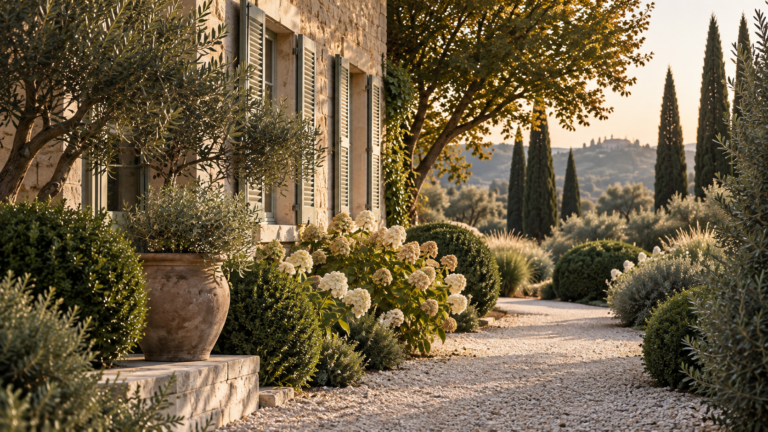 Autumn European garden with fading hydrangeas, clipped evergreens, olive trees and cypress in warm evening light.