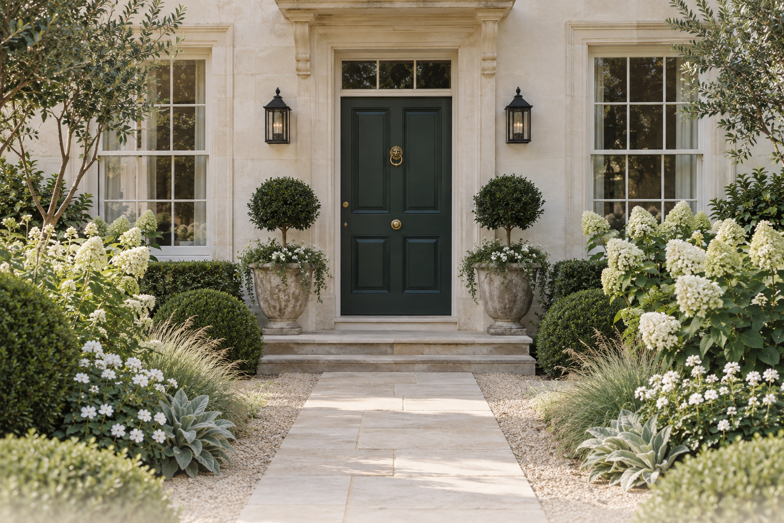White garden planting complementing a cream home and dark green front door
