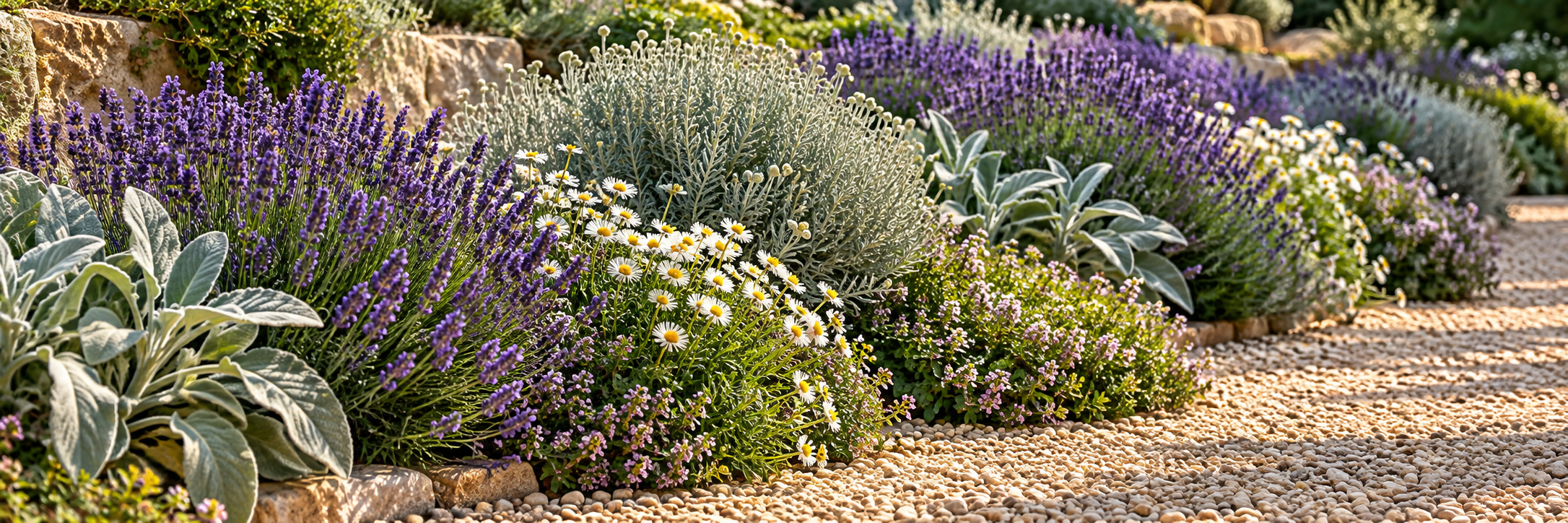 Lavender, erigeron, thyme, santolina and lamb’s ear softening a gravel path