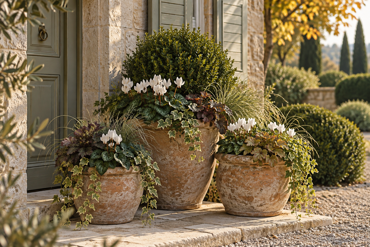 Elegant autumn containers in weathered terracotta