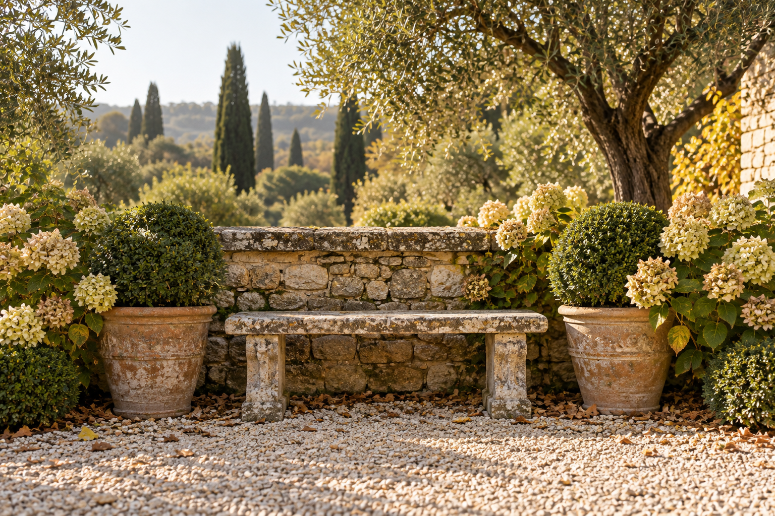 Repeated terracotta pots and sage-green shutters