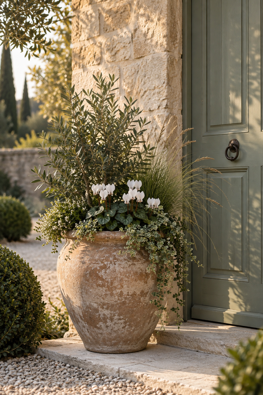 Weathered terracotta container with an olive tree, white cyclamen, ornamental grass and trailing foliage beside a sage-green door