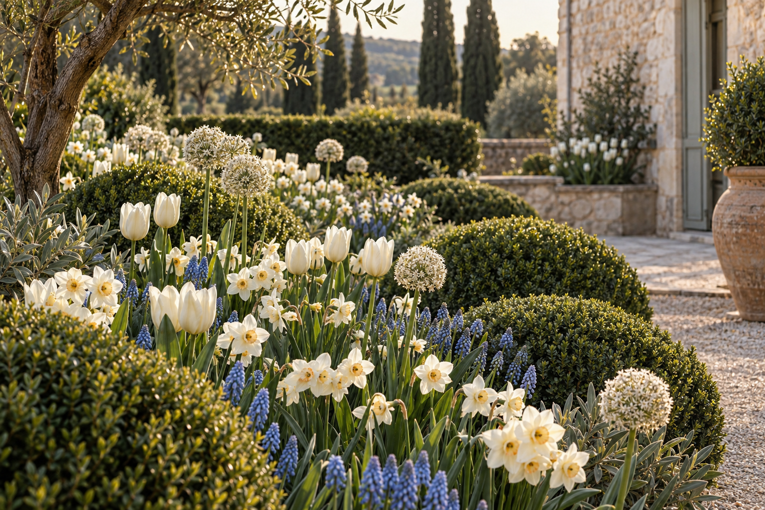 White tulips, creamy narcissus, pale alliums and blue muscari in natural drifts