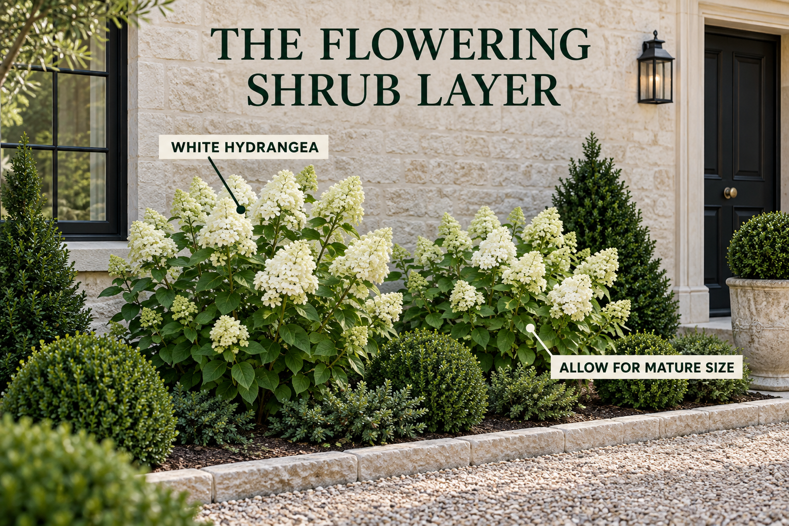 Flowering shrub layer with naturally spaced white hydrangeas planned for mature size