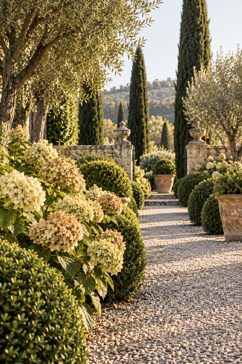 Clipped evergreens and architectural garden structure