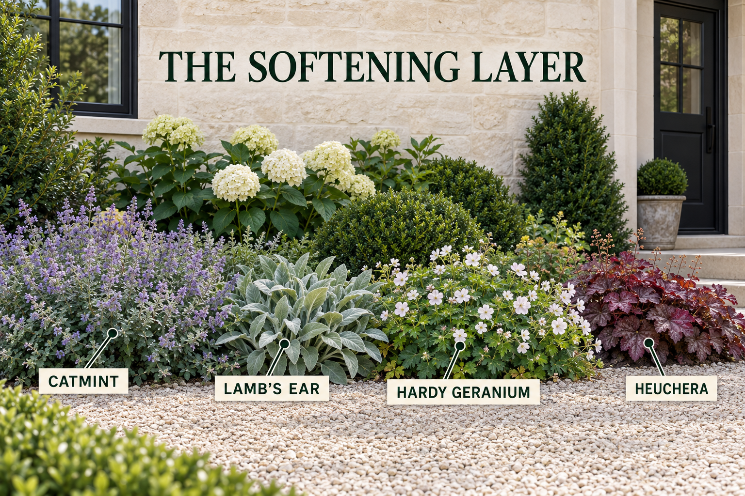 Softening garden layer with catmint, lamb’s ear, hardy geranium and heuchera beside a gravel path