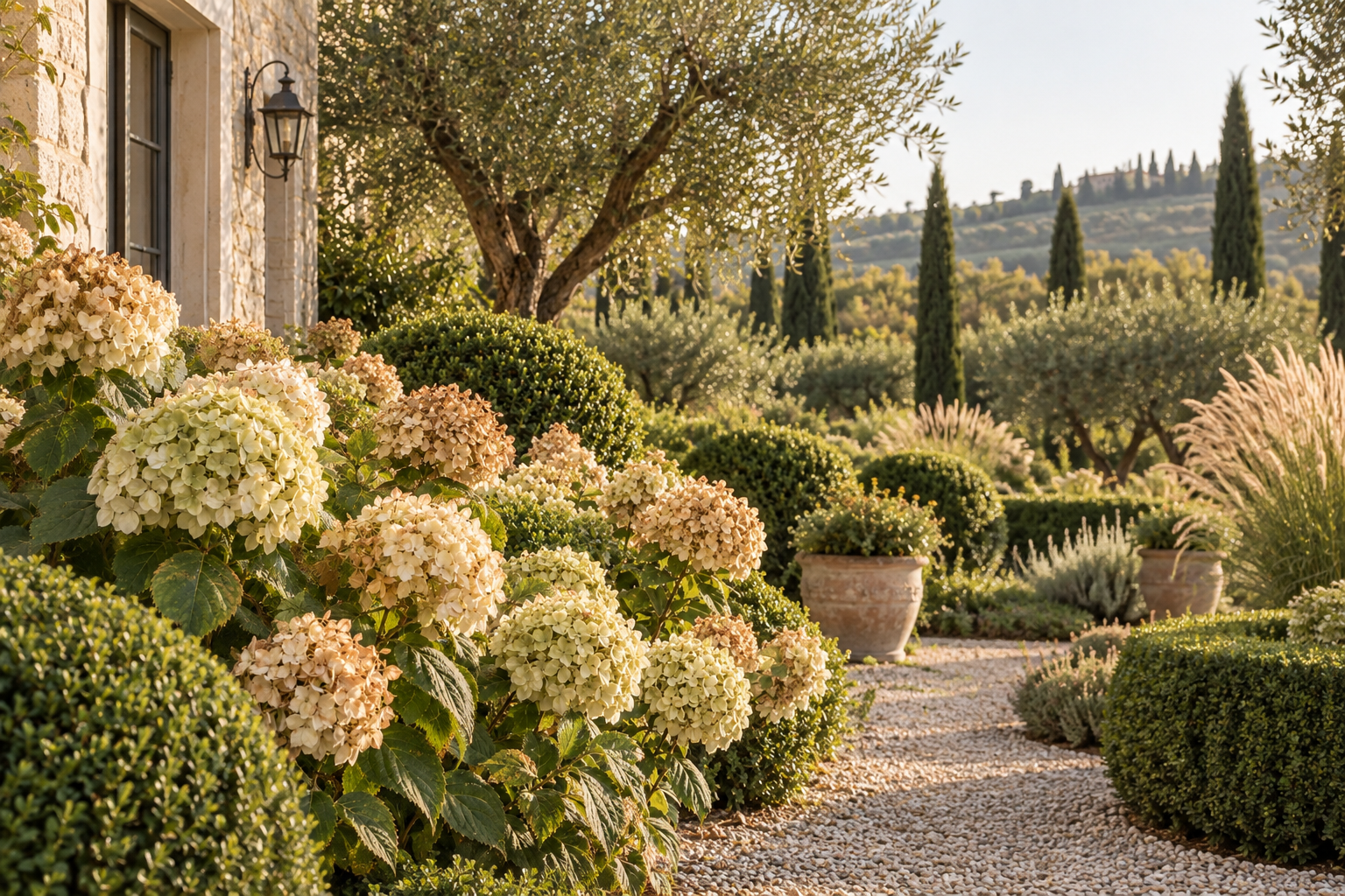 Autumn garden viewed from a limestone house